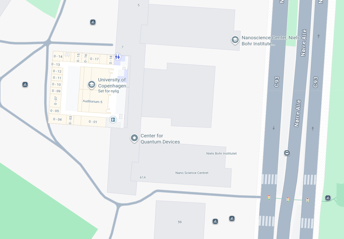 Map showing Auditorium 5 at the H. C. Ørsted Institute, next to Nørre Allé